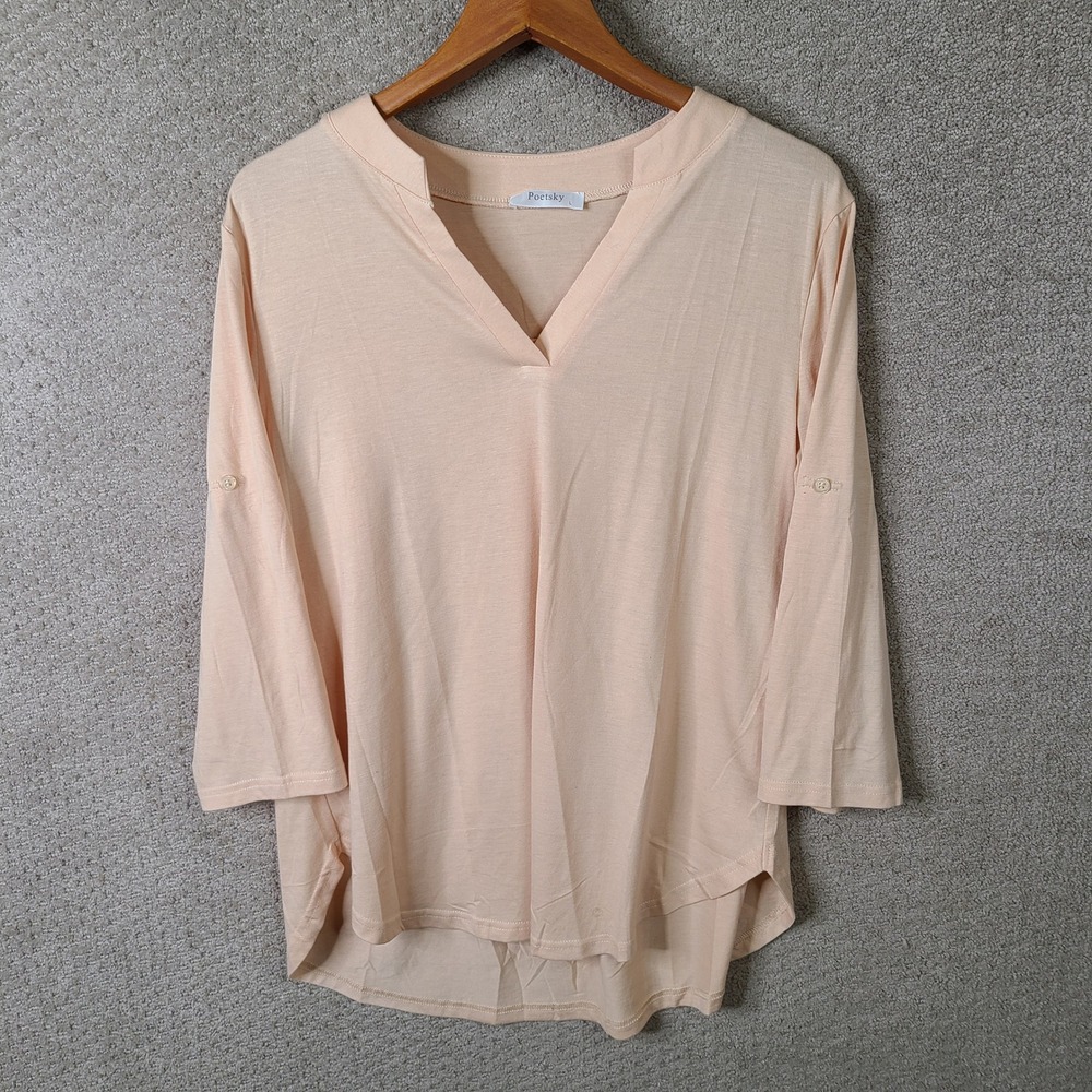 Poetsky‎ Shirt Womens Large Peach V Neck Roll Tab Sleeve Rayon Spandex Casual